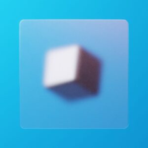 A digital art piece featuring a blurred cube floating on a vibrant blue background.
